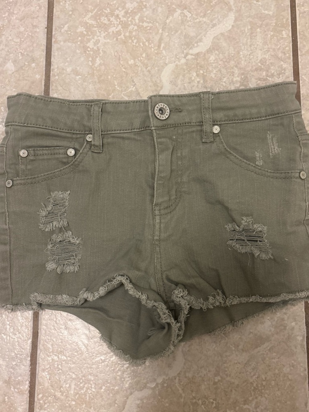 refuge Olive Green Distressed Denim Shorts